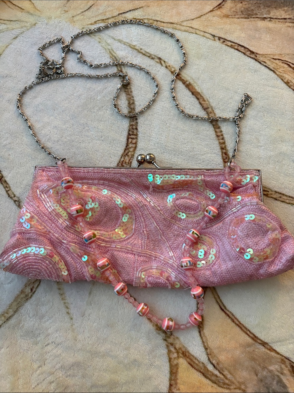 Source Unknown Pink Sequin Beaded Evening Clutch with Chain